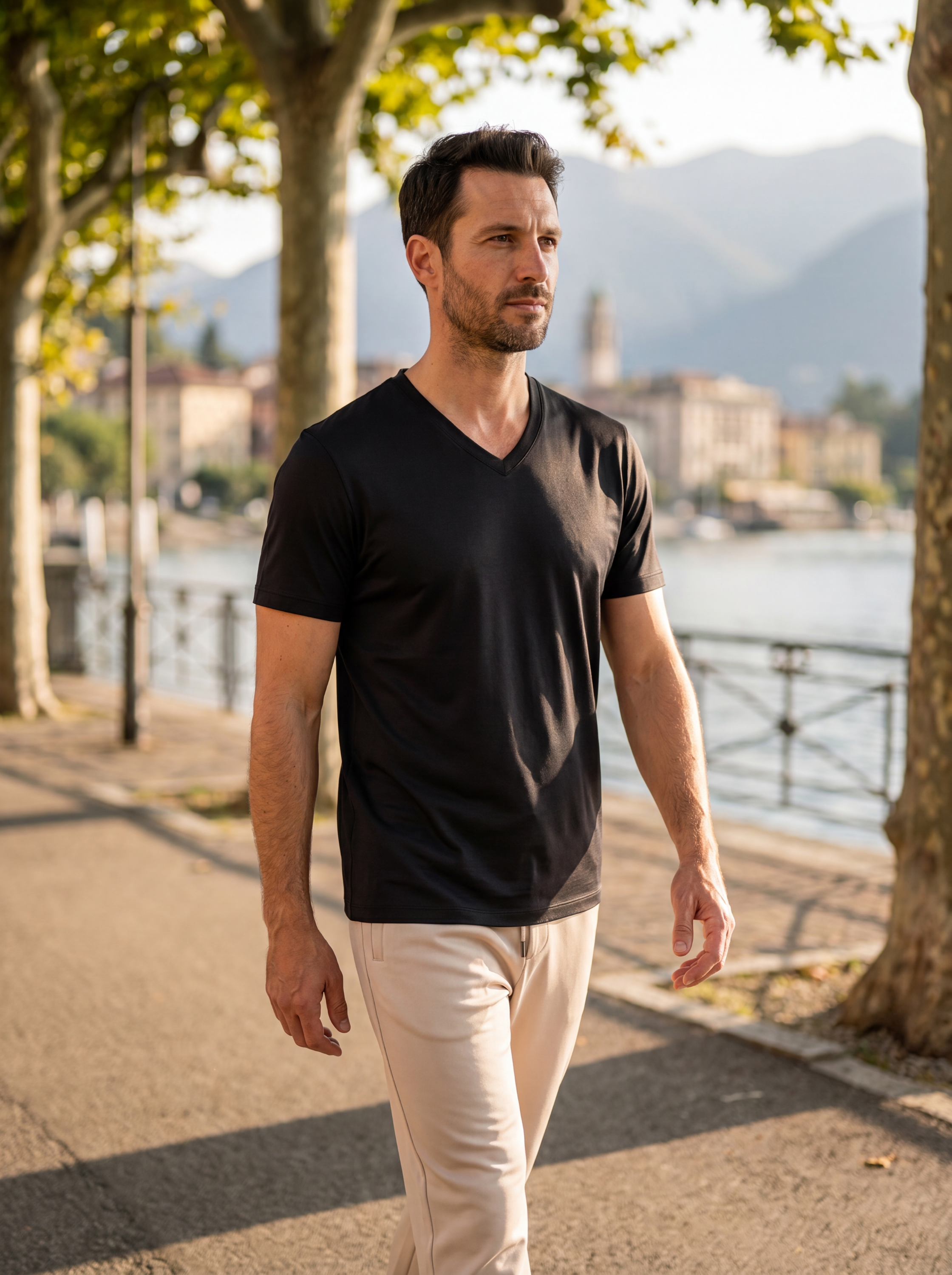 Mercerized V-Neck Tee - Black